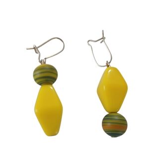 Handmade Dangle Glass Bead Earrings Vintage 80's Yellow and Green One of a Kind